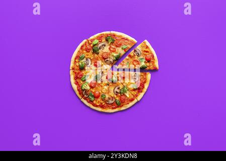 Delicious homemade vegan pizza with mushrooms and broccoli, minimalist on a purple background Stock Photo