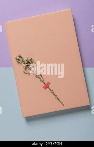 Small white flower attached of a pink notebook. Above view with blank notepad on a bicolored background Stock Photo