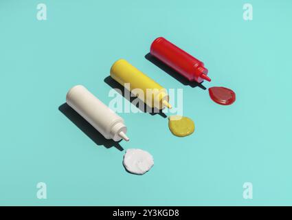 Plastic bottles of various sauces in bright light on a blue table. Bottles of ketchup, mustard and mayo on a blue background Stock Photo