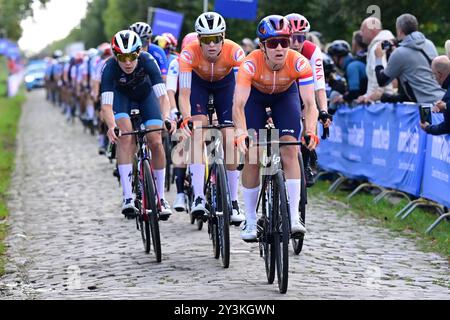 Hasselt, Belgium. 14th Sep, 2024. Chasing peleton pictured during the Women's Elite Road Race at the European Championship 2024, in Hasselt, Saturday 14 September 2024. The UEC Road European Championships 2024 will take place from 11 to 15 september in Limburg, Belgium. BELGA PHOTO DIRK WAEM Credit: Belga News Agency/Alamy Live News Stock Photo