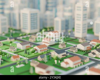 Modern, clean residential neighborhood on a sunny day. Digital 3D render. Stock Photo