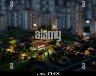 Modern, clean residential neighborhood in the evening. Digital 3D render. Stock Photo
