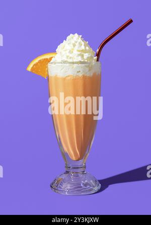 Glass of homemade milkshake with orange juice, vanilla ice cream and whipped cream. Delicious orange milkshake minimalist on a purple background Stock Photo