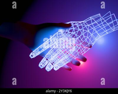Shaking hands with artificial intelligence entity. Digital 3D render. No AI. Stock Photo