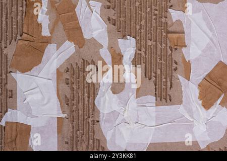 Abstract horizontal background - a piece of corrugated packaging cardboard with pieces of self-adhesive tape glued on for design Stock Photo