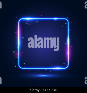 Neon square blue frame with shining effects and highlights on a dark background. Stock Vector