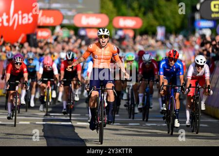 Hasselt, Belgium. 14th Sep, 2024. Dutch Lorena Wiebes at the finish line of the Women's Elite Road Race at the European Championship 2024, in Hasselt, Saturday 14 September 2024. The UEC Road European Championships 2024 will take place from 11 to 15 september in Limburg, Belgium. BELGA PHOTO DIRK WAEM Credit: Belga News Agency/Alamy Live News Stock Photo