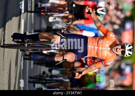 Hasselt, Belgium. 14th Sep, 2024. Dutch Lorena Wiebes at the finish line of the Women's Elite Road Race at the European Championship 2024, in Hasselt, Saturday 14 September 2024. The UEC Road European Championships 2024 will take place from 11 to 15 september in Limburg, Belgium. BELGA PHOTO DIRK WAEM Credit: Belga News Agency/Alamy Live News Stock Photo