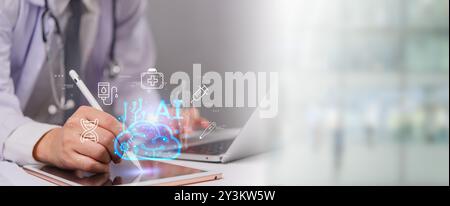 Doctor using a tablet with AI holographic icons, medical technology.digital healthcare innovation and research. Perfect for medical articles, health t Stock Photo
