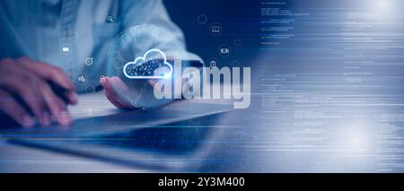 Hand holding a digital cloud hologram over a tablet. Depicts modern cloud computing, data storage, internet connectivity. Ideal for tech, IT services, Stock Photo