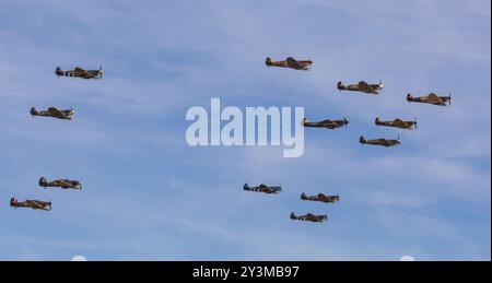 Duxford, Cambridgeshire, UK. 14th Sep 2024. An incredible mass formation of Spitfires and Hurricanes, one of the largest ever at IWM Duxford, in commemoration of the Battle of Britain. Credit: Stuart Robertson/Alamy Live News. Stock Photo