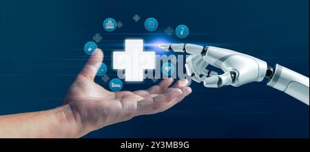 Robotic hand and human hand reaching towards each other, healthcare icons between them. Symbolizes AI assistance in medical care, innovative healthcar Stock Photo