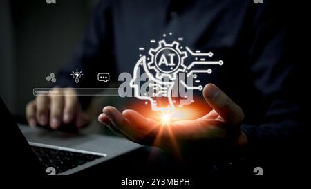 Businessman presenting AI holographic interface. Represents artificial intelligence technology, innovation. Suitable for digital, tech business themes Stock Photo