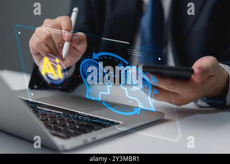 Businessman interacting with AI holographic interface, symbolizing artificial intelligence technology. Ideal for innovation, digital business themes. Stock Photo