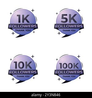 Gradient Artwork 100k, 1k, 5k, 10k Set followers thank you celebration badge artwork purple colour Stock Vector