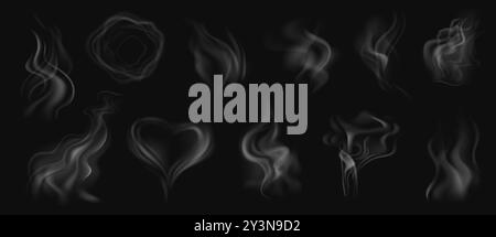 Realistic smoke. White steam, smoke from hot food or tea, coffee and cigarette or hookah steam trail in ring and heart shape isolated on transparent background. Vector set. Stock Vector