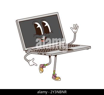 Cartoon groovy laptop computer retro character with funny face, vector funky comic. Groovy freaky laptop notebook with happy smile walking on positive vibes and good mood for groovy emoji Stock Vector