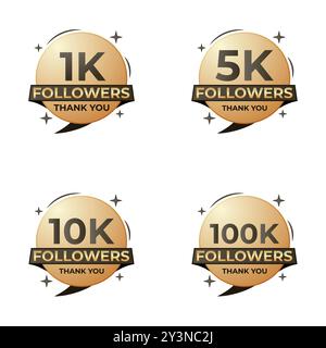 Gradient Artwork 100k, 1k, 5k, 10k Set followers thank you celebration badge artwork golden colour Stock Vector