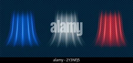 Conditioner with hot and cold fresh air. Red, blue and white wind air flow light effect, breeze cold and hot swirls isolated on black background. Vector set. Stock Vector