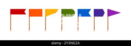 Color toothpick flags. Blank colorful flag on wooden stick, paper banner for food and cocktail decoration. Vector isolated set. Stock Vector