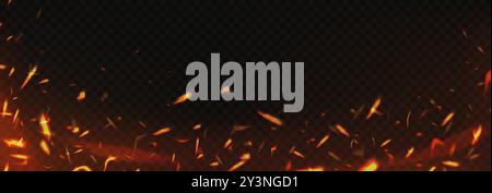 Fire sparks background. Burning glowing particles frame, embers burning cinder. Flame of fire with sparks. Vector texture. Stock Vector