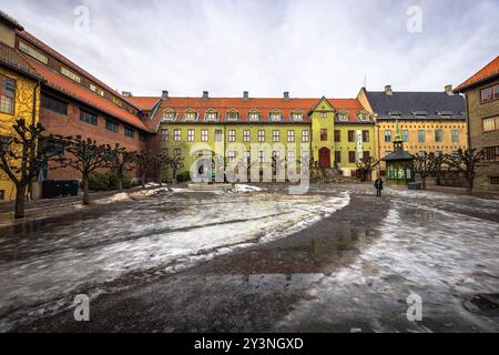 Oslo - February 11 2023: Traditional Scandinavian buildings in the Oslo Open air Museum in Oslo, Norway Stock Photo