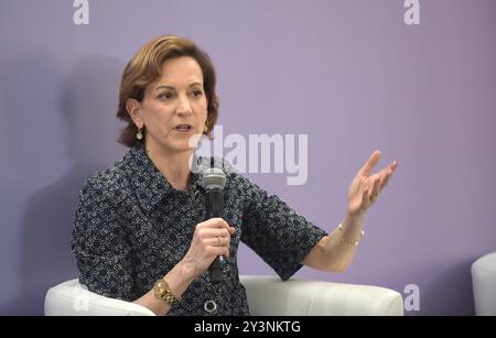 KYIV, UKRAINE - SEPTEMBER 12, 2024 - Polish-American historian, writer and journalist, moderator Anne Applebaum speaks during a panel discussion at the 4th First Ladies and Gentlemen Summit focusing on child safety, at the St. Sophia of Kyiv National Conservation Area, Kyiv, capital of Ukraine Stock Photo