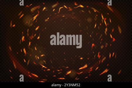 Fire sparks. Abstract fire circle light effect with sparks on black background, burning ring swirl motion frame, hole of inferno vector illustration. Stock Vector