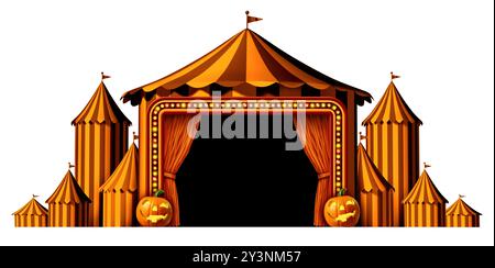 Halloween Circus stage tent as an autumn seasonal design element as a group of orange and black big top carnival tents as a curtain opening entrance a Stock Photo