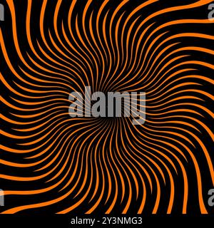 Psychedelic hypnotic Halloween spiral pattern with hypnosis swirls, vector background. Hypnotic spiral tunnel with optical illusion effect of Halloween orange black lines on psychedelic wormhole warp Stock Vector