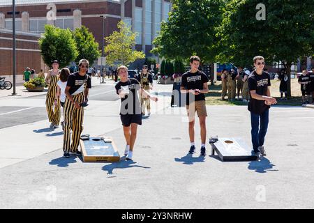 West Lafayette, Indiana, USA. 14th Sep, 2024. Purdue students play bags prior to NCAA football game action between the Notre Dame Fighting Irish and the Purdue Boilermakers at Ross-Ade Stadium in West Lafayette, Indiana. John Mersits/CSM/Alamy Live News Stock Photo