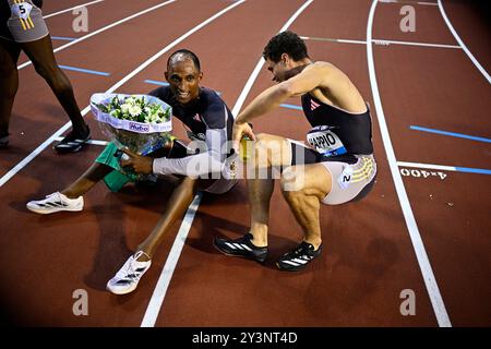 Brussels, Belgium. 14th Sep, 2024. Brazilian Alison dos Santos and French Wilfried Happio pictured after the men's 400m hurdles at the 48th edition of the Memorial Van Damme athletics event in Brussels, Saturday 14 September 2024. The 2024 Allianz Memorial Van Damme Diamond League meeting takes place on 13 and 14 September 2O24. BELGA PHOTO JASPER JACOBS Credit: Belga News Agency/Alamy Live News Stock Photo