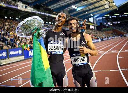 Brussels, Belgium. 14th Sep, 2024. Brazilian Alison dos Santos and French Wilfried Happio pictured after the men's 400m hurdles at the 48th edition of the Memorial Van Damme athletics event in Brussels, Saturday 14 September 2024. The 2024 Allianz Memorial Van Damme Diamond League meeting takes place on 13 and 14 September 2O24. BELGA PHOTO JASPER JACOBS Credit: Belga News Agency/Alamy Live News Stock Photo