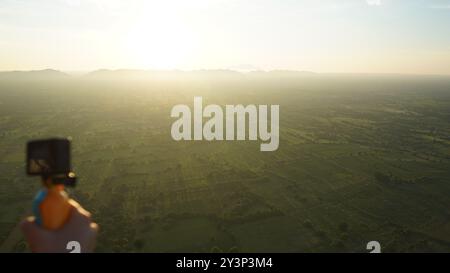 Aerial Majesty: Balloons Over Bagan with Panoramic Views of Ancient Temples from Above Stock Photo