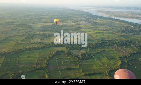 Aerial Majesty: Balloons Over Bagan with Panoramic Views of Ancient Temples from Above Stock Photo