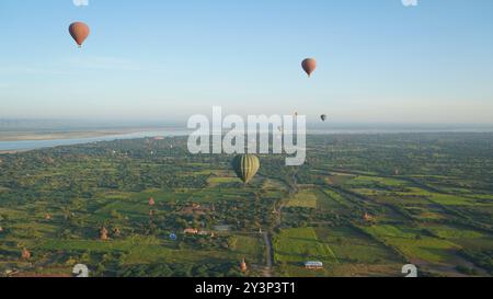 Aerial Majesty: Balloons Over Bagan with Panoramic Views of Ancient Temples from Above Stock Photo