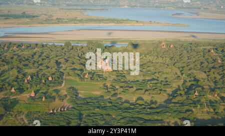 Aerial Majesty: Balloons Over Bagan with Panoramic Views of Ancient Temples from Above Stock Photo