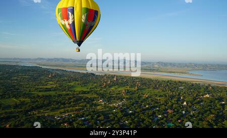 Aerial Majesty: Balloons Over Bagan with Panoramic Views of Ancient Temples from Above Stock Photo