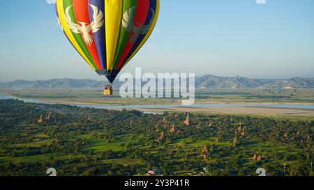 Aerial Majesty: Balloons Over Bagan with Panoramic Views of Ancient Temples from Above Stock Photo