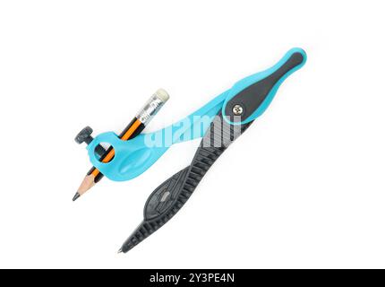 Blue plastic drawing compass with small used pencil isolated on white background Stock Photo