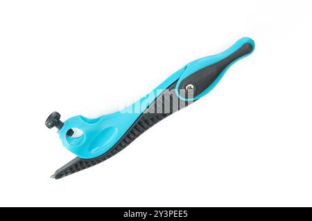 Blue plastic drawing compass with no pencil isolated on white background Stock Photo
