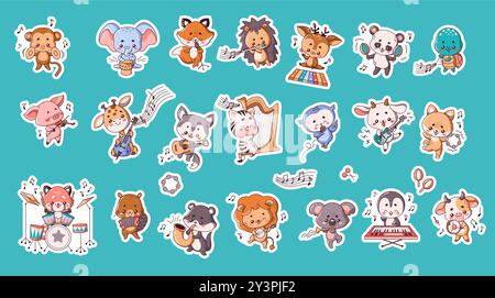 Little animals with musical instruments sticker pack Stock Vector