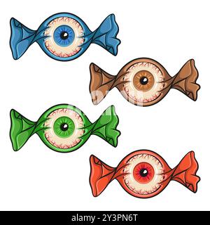 Set of color Halloween illustration of eye candy in wrapper. Isolated vector object on white background. Stock Vector