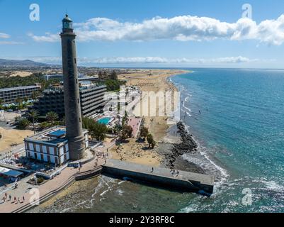 Aerial view of Maspalomas lighthouse and sand dunes, Gran Canaria, Spain.The seafront at Punta de Maspalomas Stock Photo