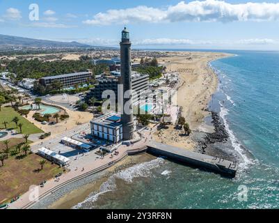 Aerial view of Maspalomas lighthouse and sand dunes, Gran Canaria, Spain.The seafront at Punta de Maspalomas Stock Photo