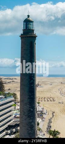 Aerial view of Maspalomas lighthouse and sand dunes, Gran Canaria, Spain.The seafront at Punta de Maspalomas Stock Photo