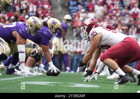 Seattle, United States. 14th Sep, 2024. The Washington Huskies and the Washington State Cougars match up during the first quarter of the 2024 Apple Cup at Lumen Field in Seattle, Washington on September 14, 2024. (Photo credit Nate Koppelman/Sipa USA) Credit: Sipa USA/Alamy Live News Stock Photo