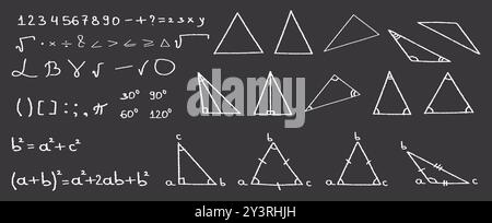 Triangles collection with science formulas. Childish chalk drawing for school. Stock Vector