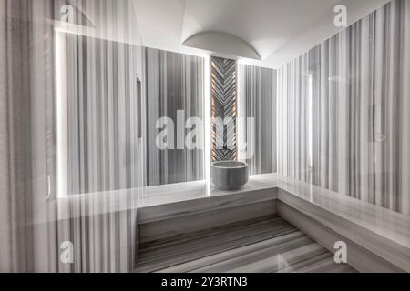 Turkish bathroom without people , turkish hotel architecture Marble Turkish Bath. Spa or sauna interior design. Stock Photo