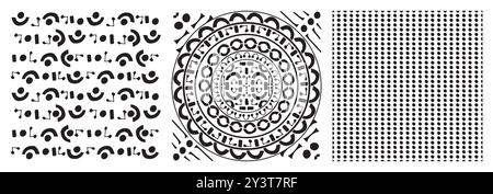Set of round circle black seamless aztec patterns on white background. Vector dots hand drawn modern fabric prints Stock Vector